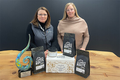 Foundation Executive Director with Alternate Route Coffe Co. founder Kellie Wahl and various coffee products