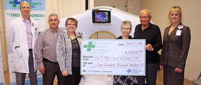 From left: Dr. Bob Simard, Facility Medical Director, Leduc Community Hospital (LCH); Leduc resident Tim Sopka; Lorraine Popik, Executive Director of the Black Gold Health Foundation; donors Lorne and Tina Mix; and LCH Director Korynna Sherwood celebrate